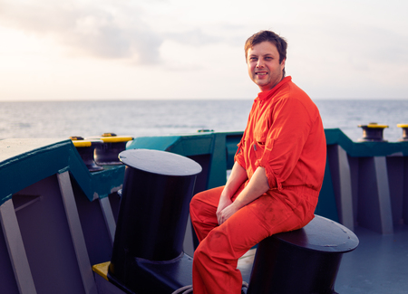 Deck Officer on deck of offshore vessel or shipの写真素材