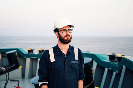 Deck Officer on deck of offshore vessel or shipの写真素材
