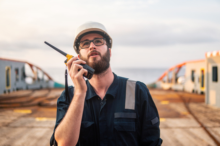 Deck Officer on deck of offshore vessel or shipの写真素材