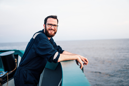 Deck Officer on deck of offshore vessel or shipの写真素材