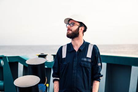 Deck Officer on deck of offshore vessel or shipの写真素材