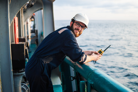 Deck Officer on deck of offshore vessel or shipの写真素材