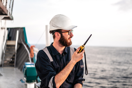 Deck Officer on deck of offshore vessel or shipの写真素材