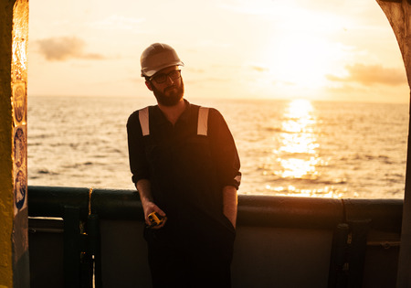 Deck Officer on deck of offshore vessel or shipの写真素材