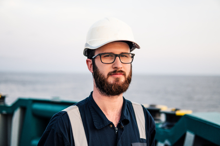 Deck Officer on deck of offshore vessel or shipの写真素材