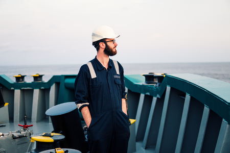 Deck Officer on deck of offshore vessel or shipの写真素材