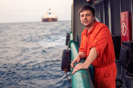 Deck Officer on deck of offshore vessel or shipの写真素材