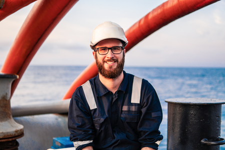 Deck Officer on deck of offshore vessel or shipの写真素材