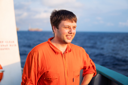 Deck Officer on deck of offshore vessel or shipの写真素材