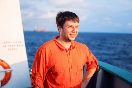 Deck Officer on deck of offshore vessel or shipの写真素材