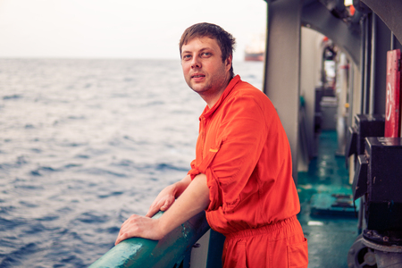 Deck Officer on deck of offshore vessel or shipの写真素材