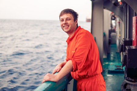 Deck Officer on deck of offshore vessel or shipの写真素材