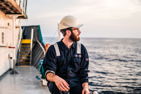 Deck Officer on deck of offshore vessel or shipの写真素材