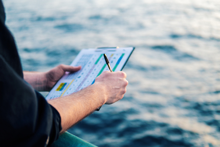 Deck Officer on deck of offshore vessel or shipの写真素材