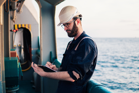 Deck Officer on deck of offshore vessel or shipの写真素材