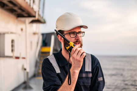 Deck Officer on deck of offshore vessel or shipの写真素材