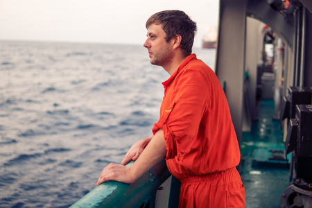 Deck Officer on deck of offshore vessel or shipの写真素材
