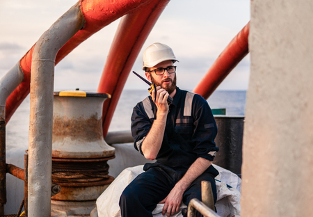 Deck Officer on deck of offshore vessel or shipの写真素材