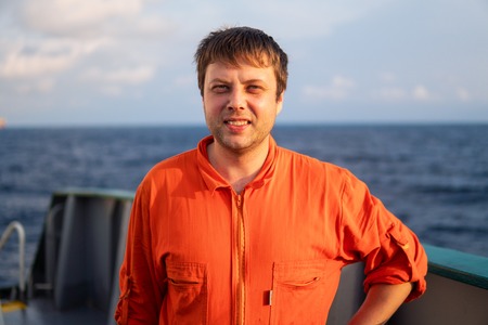 Deck Officer on deck of offshore vessel or shipの写真素材
