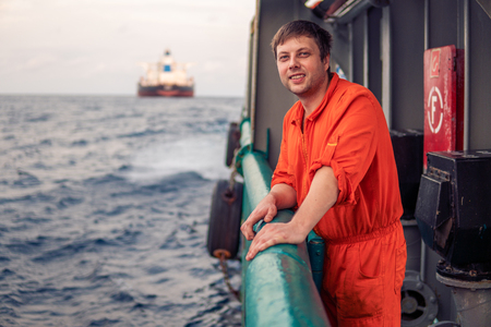 Deck Officer on deck of offshore vessel or shipの写真素材