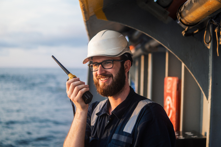 Deck Officer on deck of offshore vessel or shipの写真素材