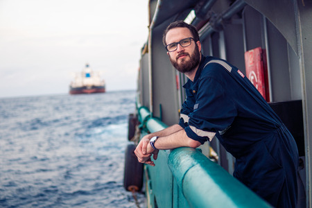Deck Officer on deck of offshore vessel or shipの写真素材