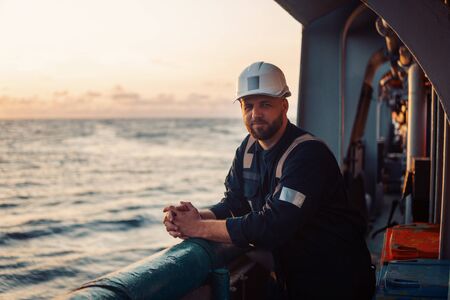 Marine Deck Officer or Chief mate on deck of offshore vessel or shipの写真素材