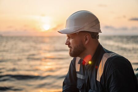 Marine Deck Officer or Chief mate on deck of offshore vessel or shipの写真素材