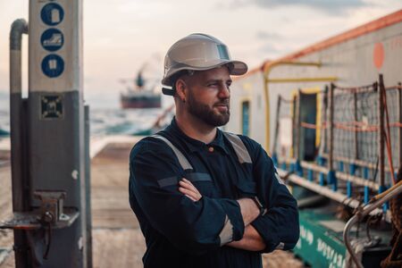 Marine Deck Officer or Chief mate on deck of offshore vessel or shipの写真素材