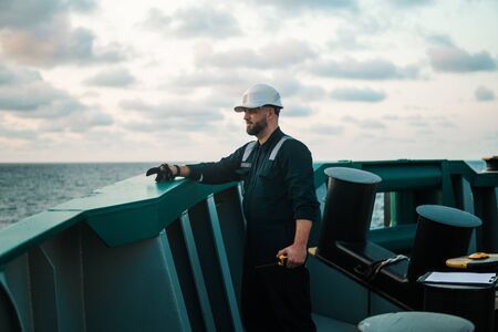 Marine Deck Officer or Chief mate on deck of offshore vessel or shipの写真素材