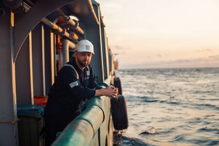 Marine Deck Officer or Chief mate on deck of offshore vessel or shipの写真素材