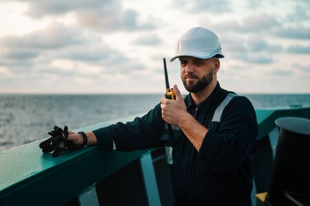 Marine Deck Officer or Chief mate on deck of offshore vessel or shipの写真素材