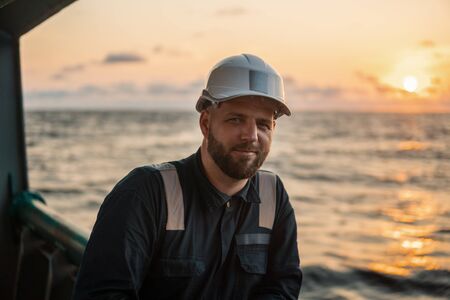 Marine Deck Officer or Chief mate on deck of offshore vessel or shipの写真素材
