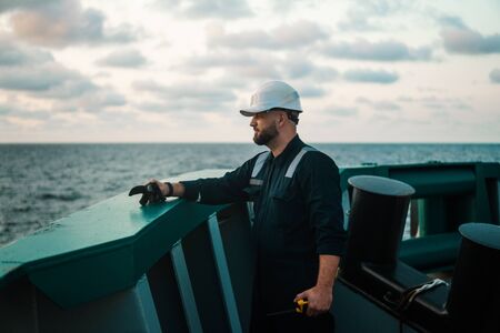 Marine Deck Officer or Chief mate on deck of offshore vessel or shipの写真素材