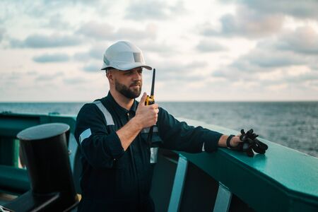 Marine Deck Officer or Chief mate on deck of offshore vessel or shipの写真素材