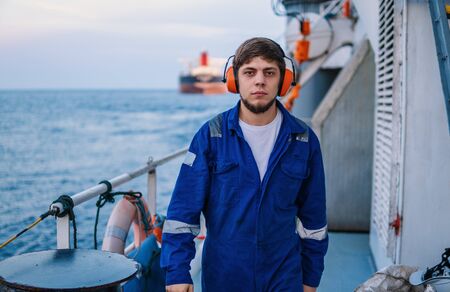 Marine Deck Officer or Chief mate on deck of offshore vesselの写真素材