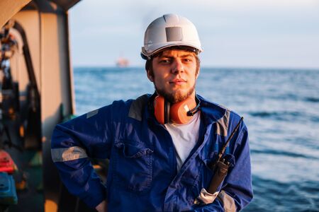 Marine Deck Officer or Chief mate on deck of offshore vesselの写真素材