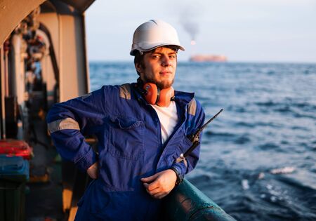 Marine Deck Officer or Chief mate on deck of offshore vesselの写真素材