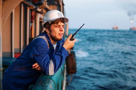Marine Deck Officer or Chief mate on deck of offshore vesselの写真素材