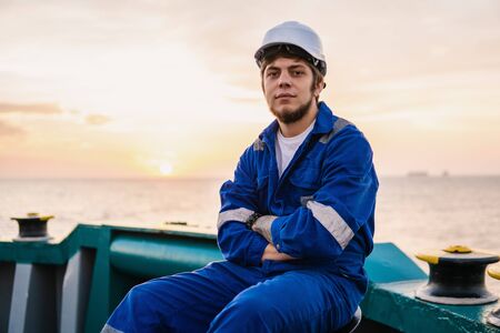 Marine Deck Officer or Chief mate on deck of offshore vesselの写真素材