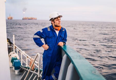 Marine Deck Officer or Chief mate on deck of offshore vesselの写真素材