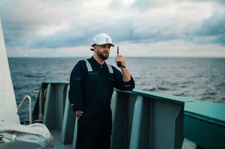 Marine Deck Officer or Chief mate on deck of offshore vessel or shipの写真素材