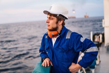Marine Deck Officer or Chief mate on deck of offshore vesselの写真素材