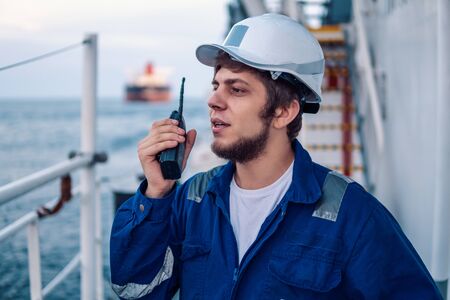 Marine Deck Officer or Chief mate on deck of offshore vesselの写真素材