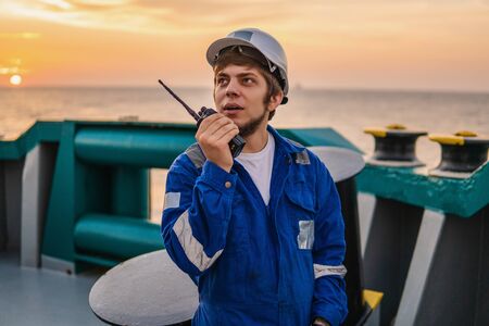 Marine Deck Officer or Chief mate on deck of offshore vesselの写真素材