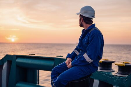 Marine Deck Officer or Chief mate on deck of offshore vesselの写真素材