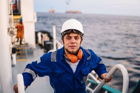 Marine Deck Officer or Chief mate on deck of offshore vesselの写真素材