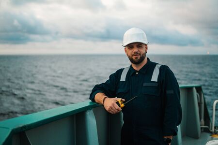 Marine Deck Officer or Chief mate on deck of offshore vessel or shipの写真素材