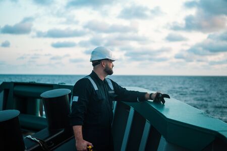 Marine Deck Officer or Chief mate on deck of offshore vessel or shipの写真素材
