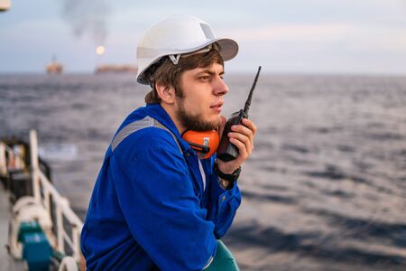 Marine Deck Officer or Chief mate on deck of offshore vesselの写真素材